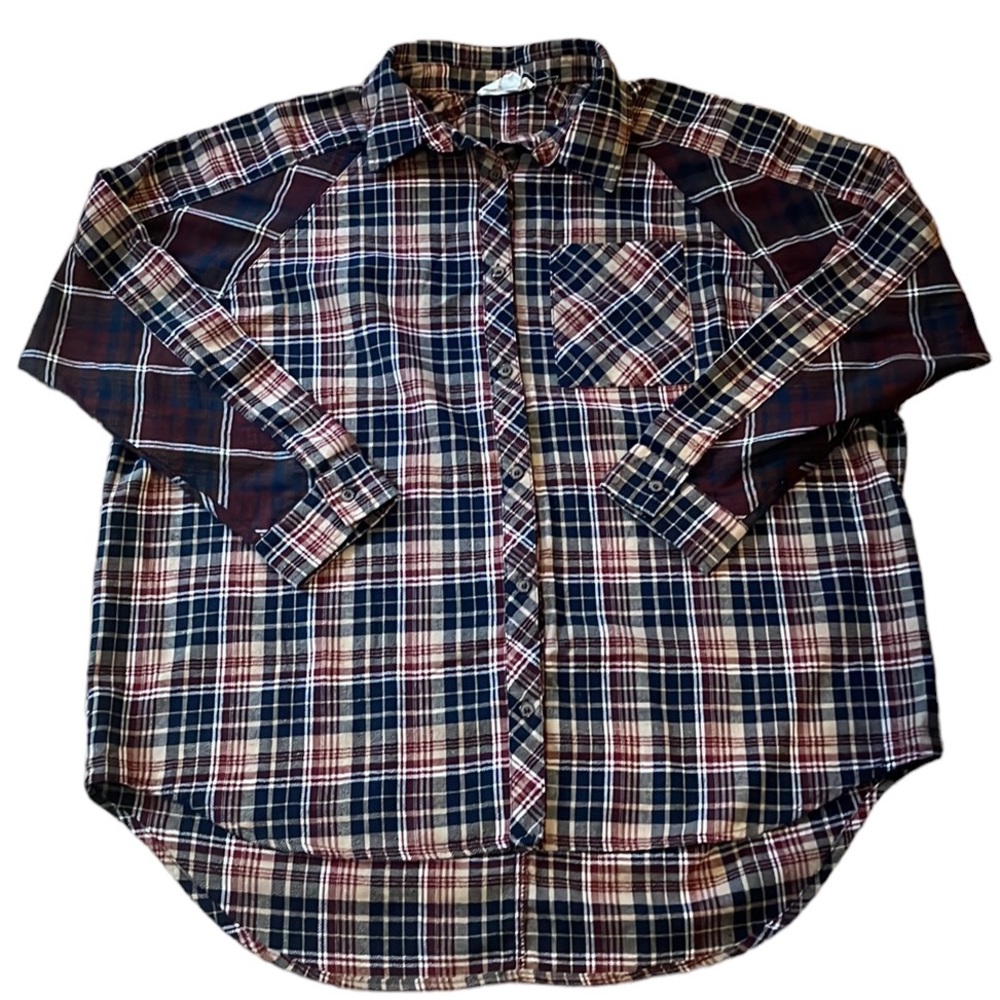 LOVE RICHE OVERSIZED LONG SLEEVE PLAID BUTTON DOWN SHIRT RED BLUE CREAM SIZE M
